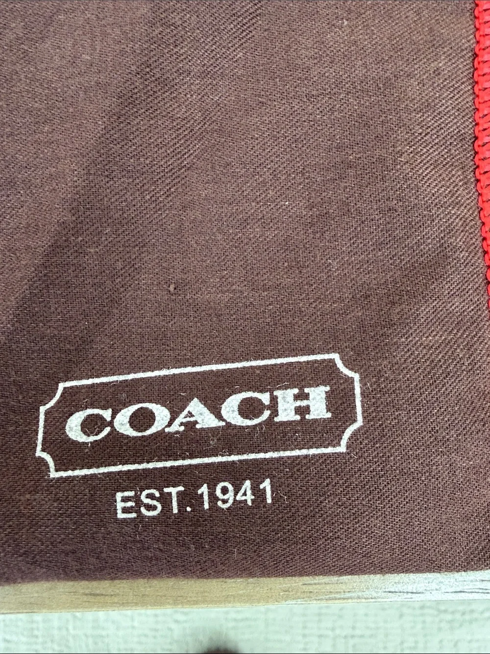 Coach 15.5” x 13.5” dust bag, brown with red edging and white lettering